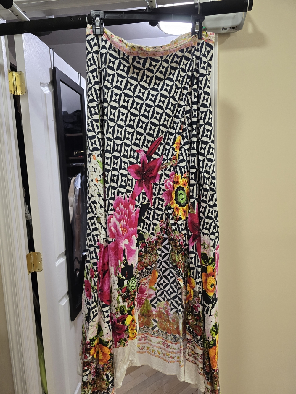 Desigual Black & White Geometric Maxi Skirt with Pink Floral Accents